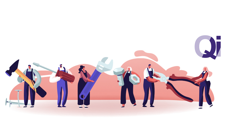 Cartoon people holding hand tools