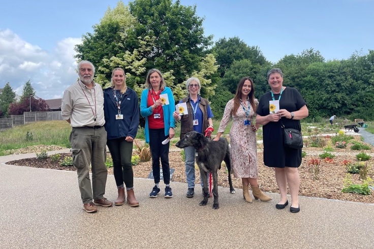 Volunteers in the garden with a dog Volunteers in the garden with a dog