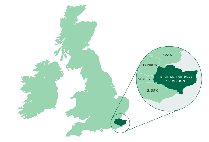 map of the UK with a highlight showing 1.9 million people in Kent and Medway