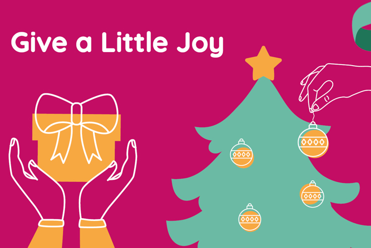 Illustration of a present and Christmas tree with the text 'Give a Little Joy' Illustration of a present and Christmas tree with the text 'Give a Little Joy'